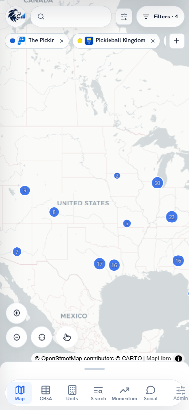 Map view: every location colored by brand